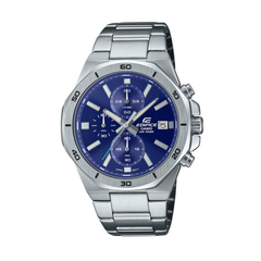 A Casio Edifice EFV-640D-2AVUDF watch with a stainless steel band and blue dial.