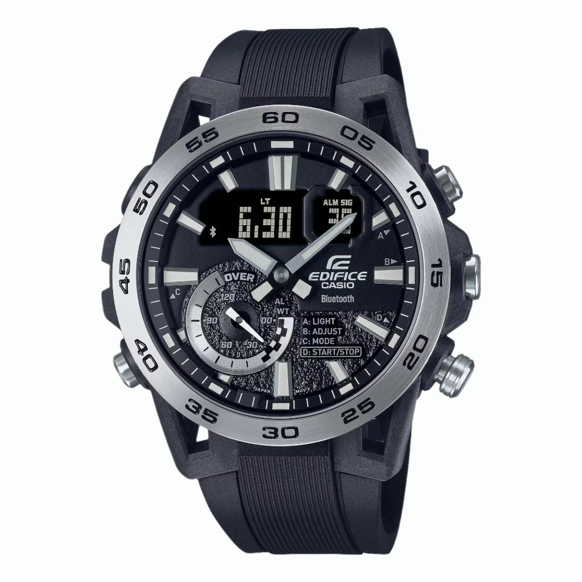 A Casio Edifice analog-digital watch with a black band and black dial featuring multiple subdials and a digital display.