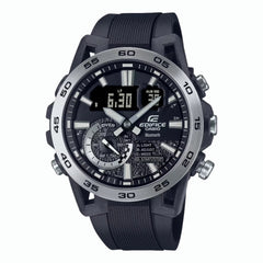 A Casio Edifice analog-digital watch with a black band and black dial featuring multiple subdials and a digital display.