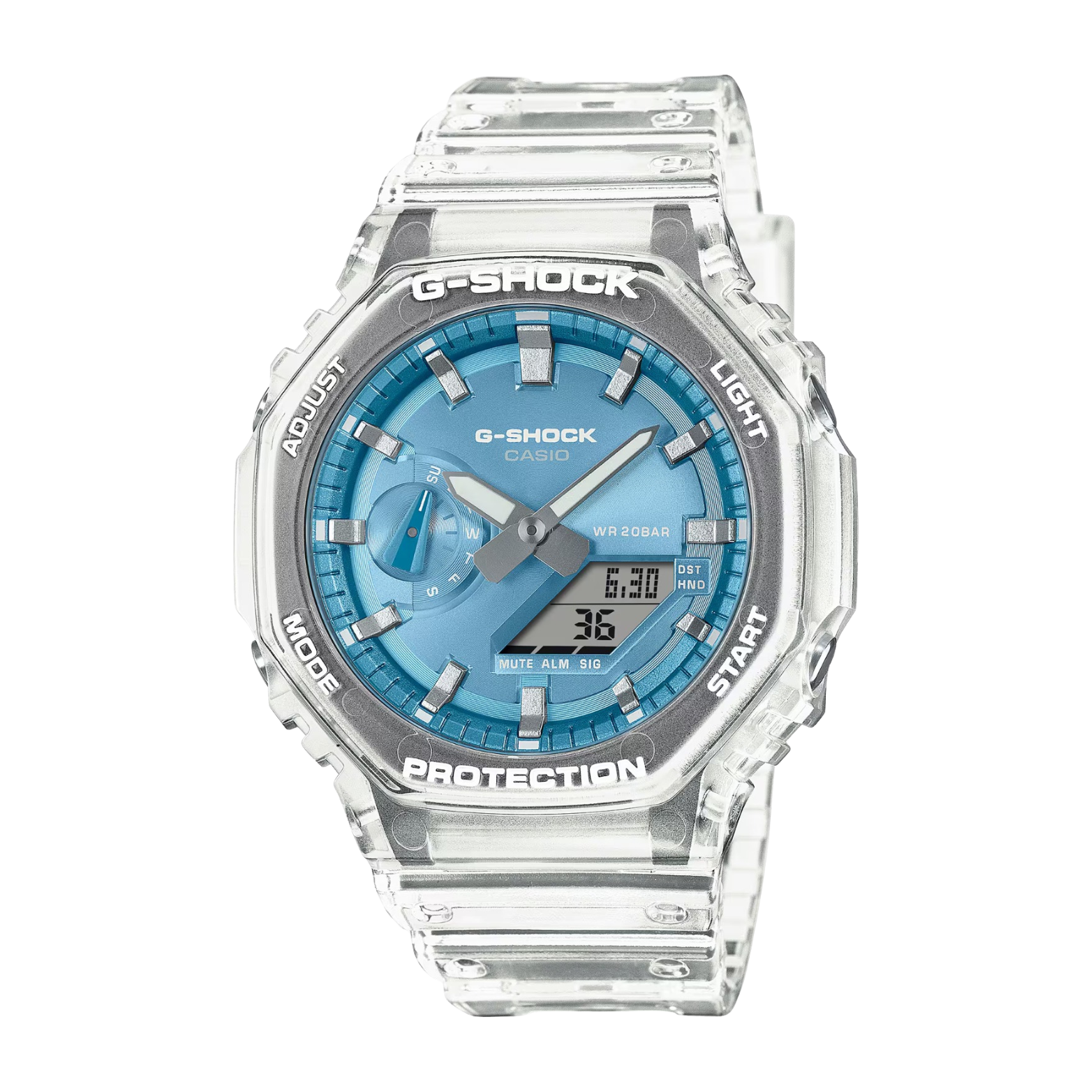 A CASIO G-SHOCK watch with a clear resin band and blue analog dial, showcasing digital and analog features.
