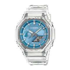 A CASIO G-SHOCK watch with a clear resin band and blue analog dial, showcasing digital and analog features.