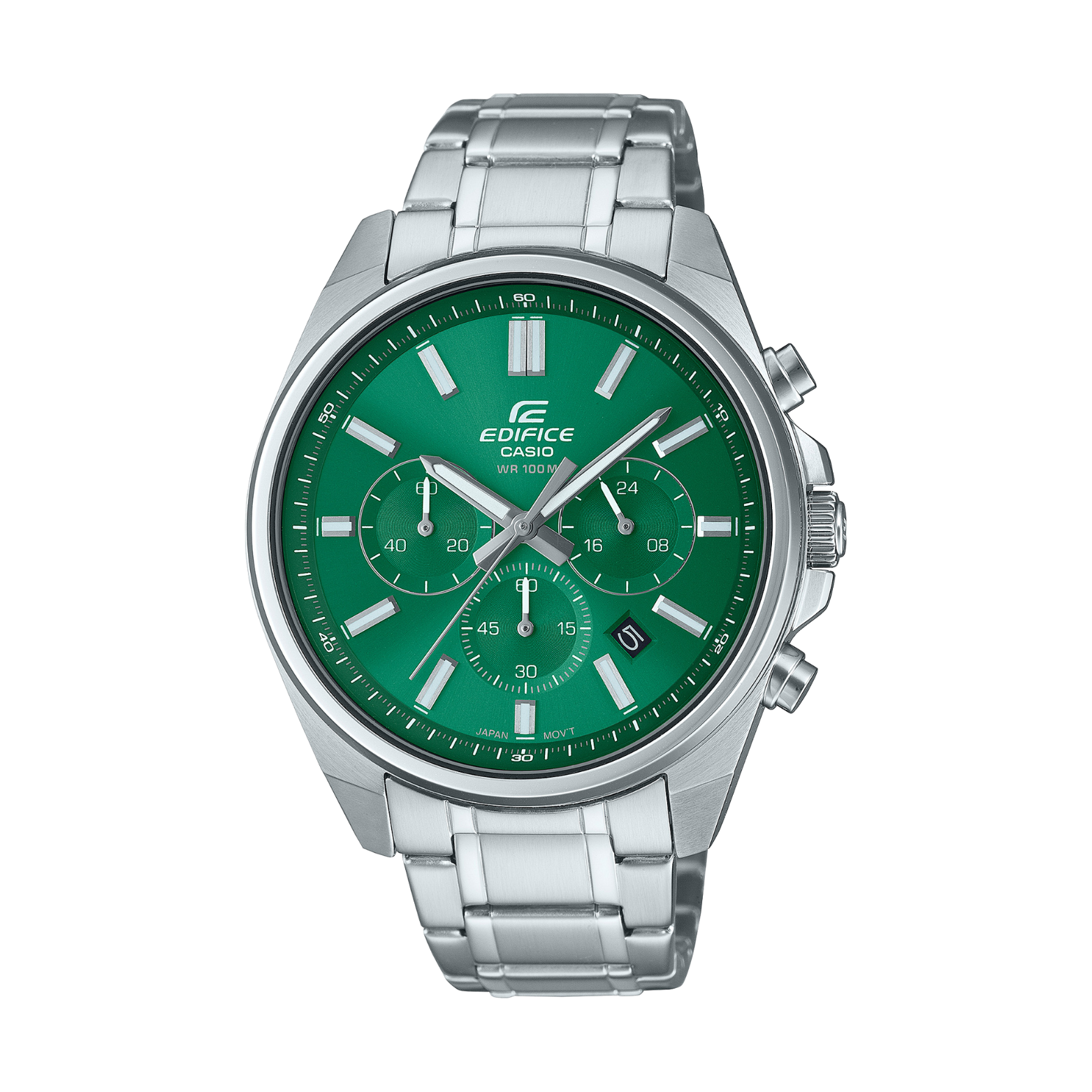 Silver watch with a green face on a white background