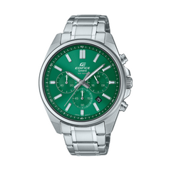 Silver watch with a green face on a white background