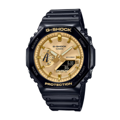 A black and gold CASIO G-SHOCK watch with an analog dial and digital display features, showing the time and date.