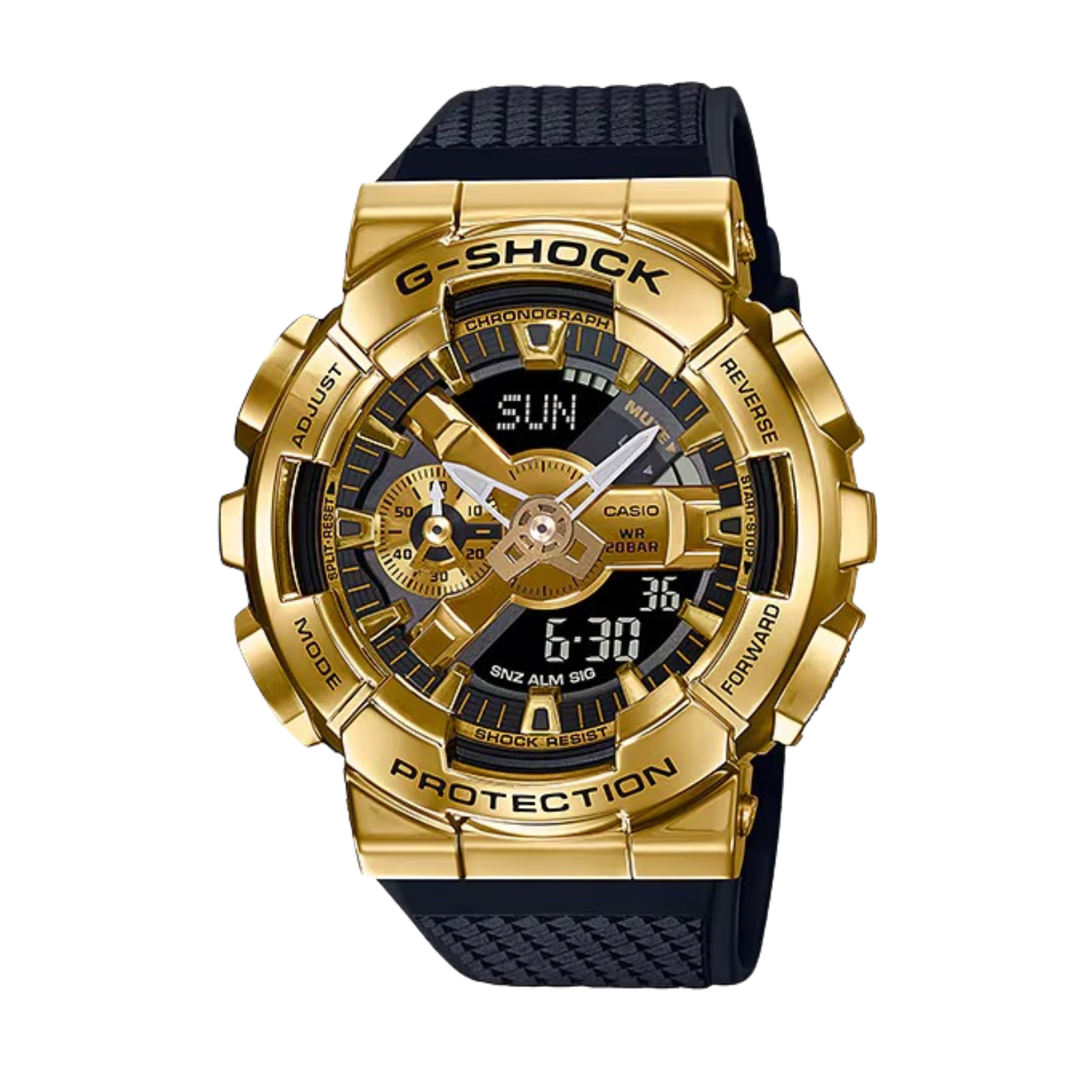 A Casio G-Shock watch with a gold ion-plated case and black resin band, displaying a digital and analog time.