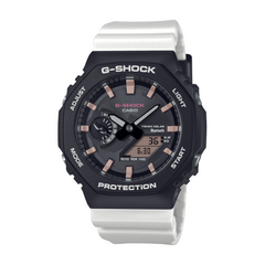 G-Shock watch with black and white strap on a white background