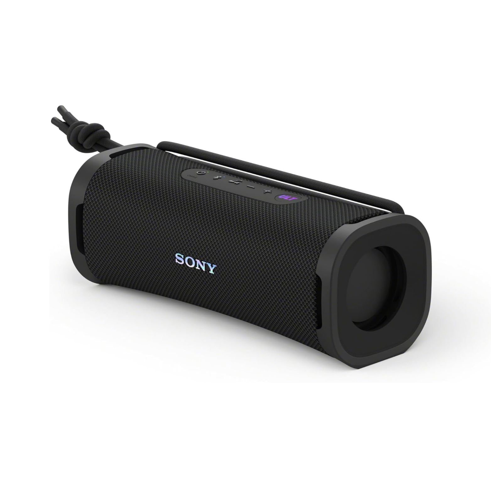Black Sony portable speaker on a white background