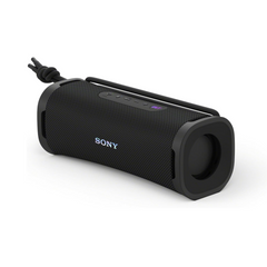 Black Sony portable speaker on a white background
