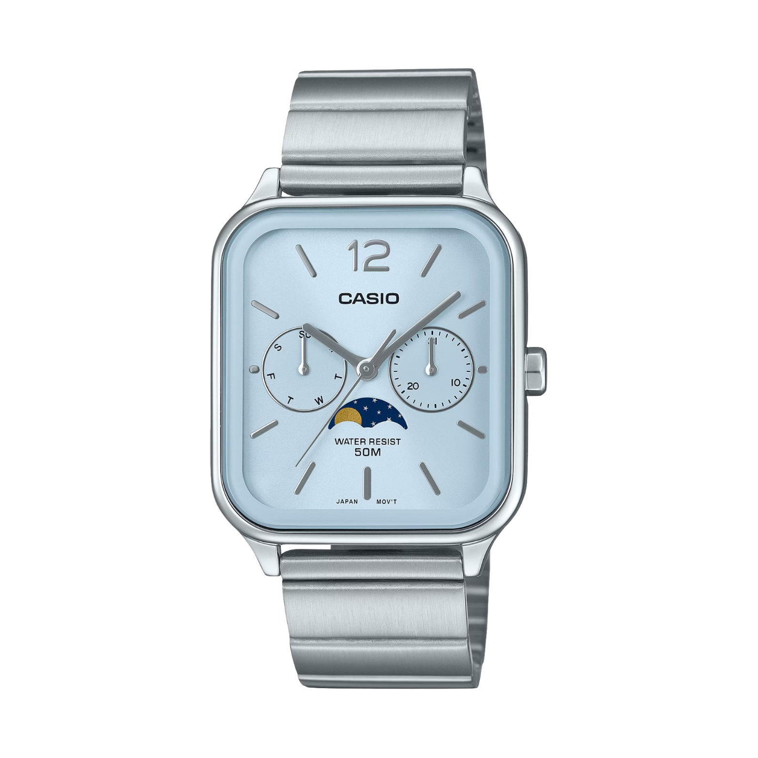A Casio analog watch with a silver stainless steel band and case, featuring a light blue dial displaying moon data and a three-hand clock feature.