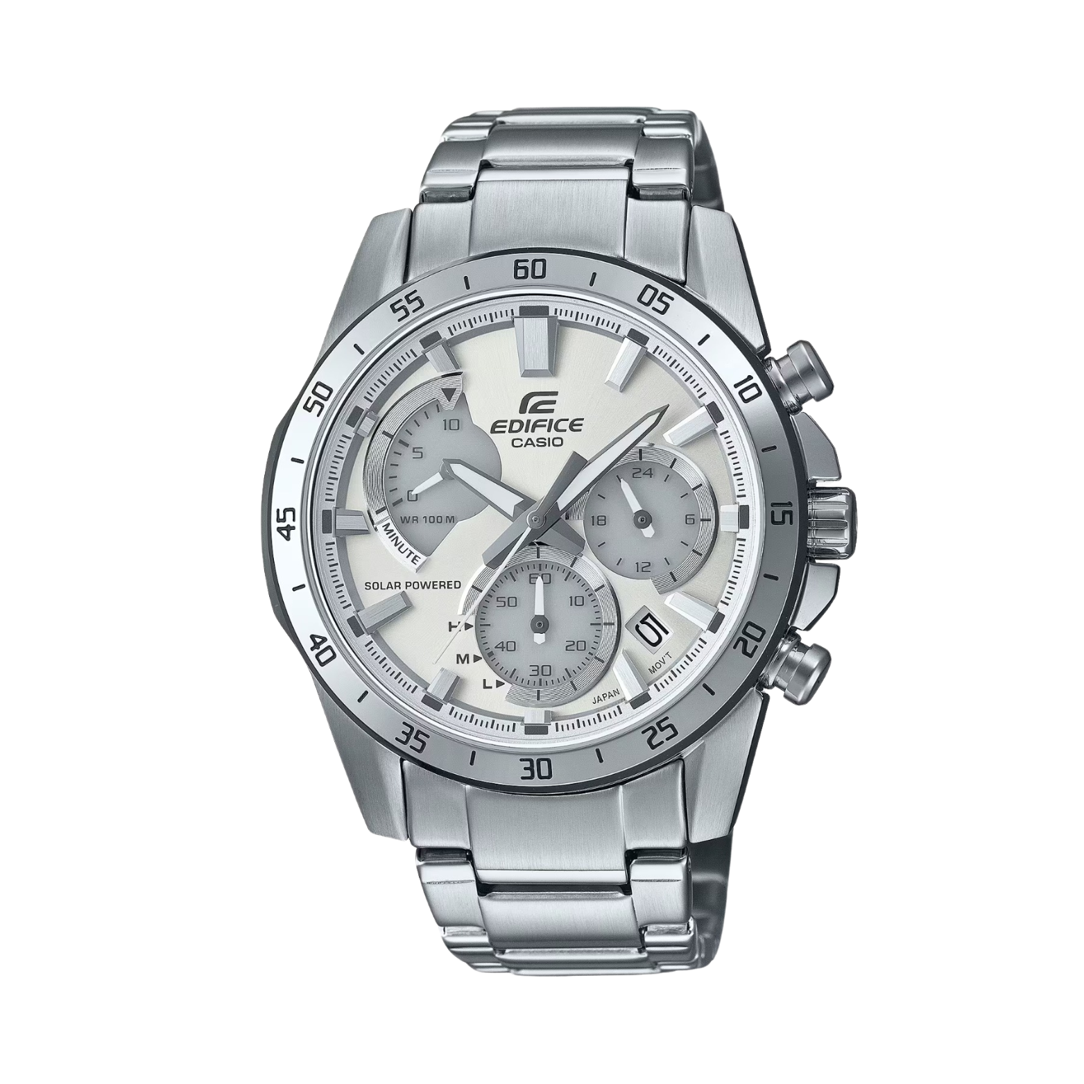 A silver Casio Edifice analog watch with a stainless steel band and a chronograph dial.