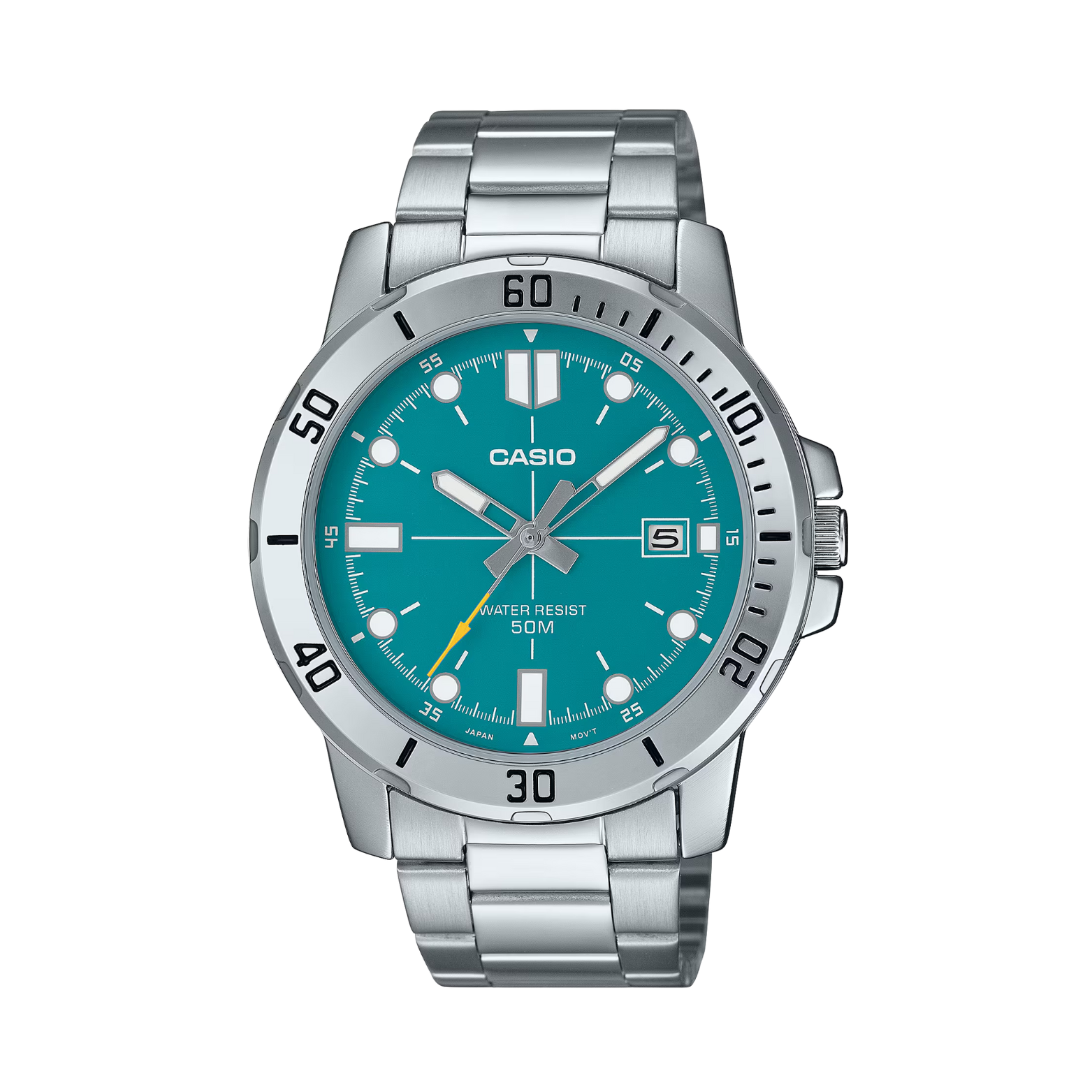Casio watch with a silver band and teal dial on a white background