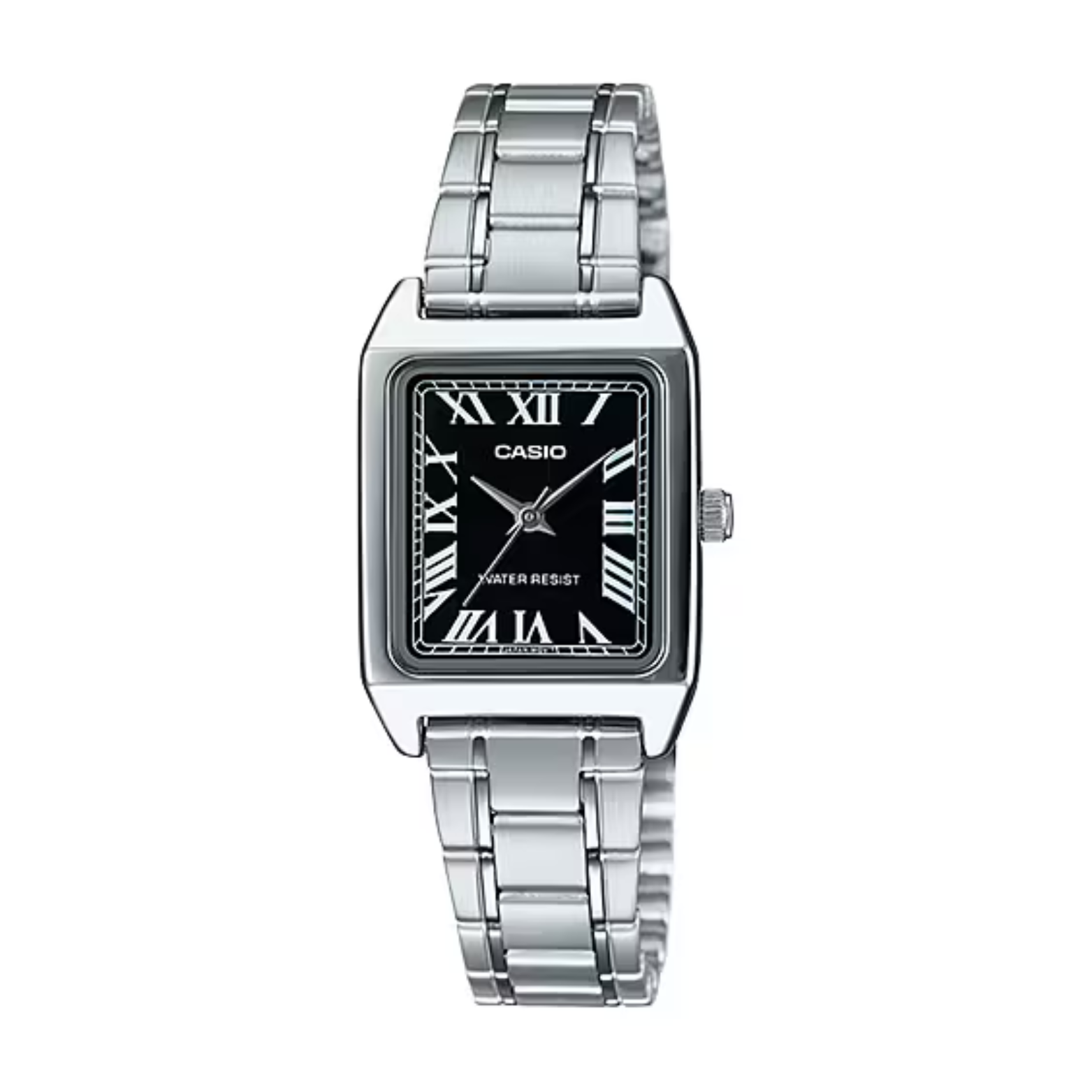 Silver Casio watch with black face on a white background