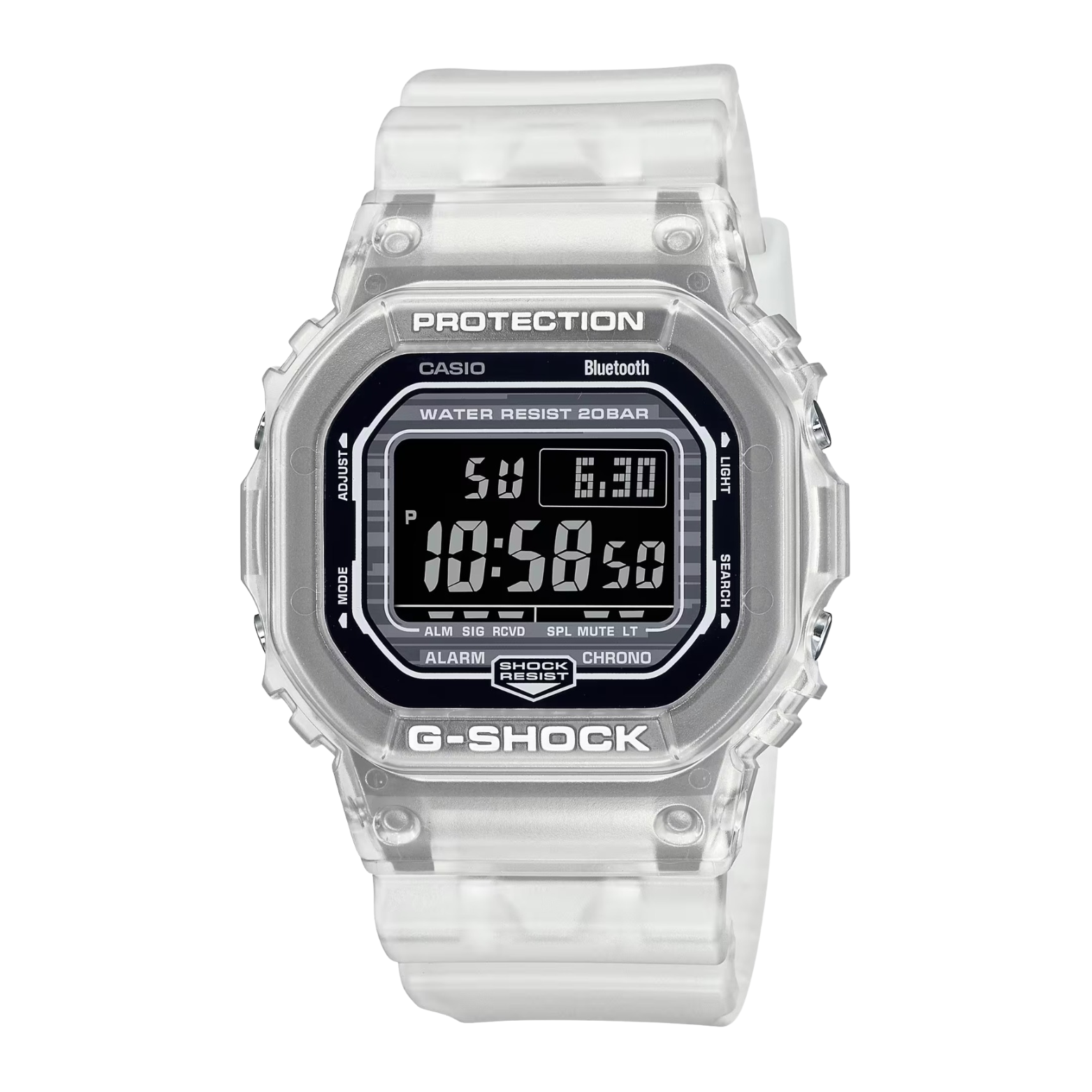 A digital CASIO G-SHOCK watch with a clear resin band and a black digital display showing time and various watch features.