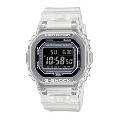 A digital CASIO G-SHOCK watch with a clear resin band and a black digital display showing time and various watch features.
