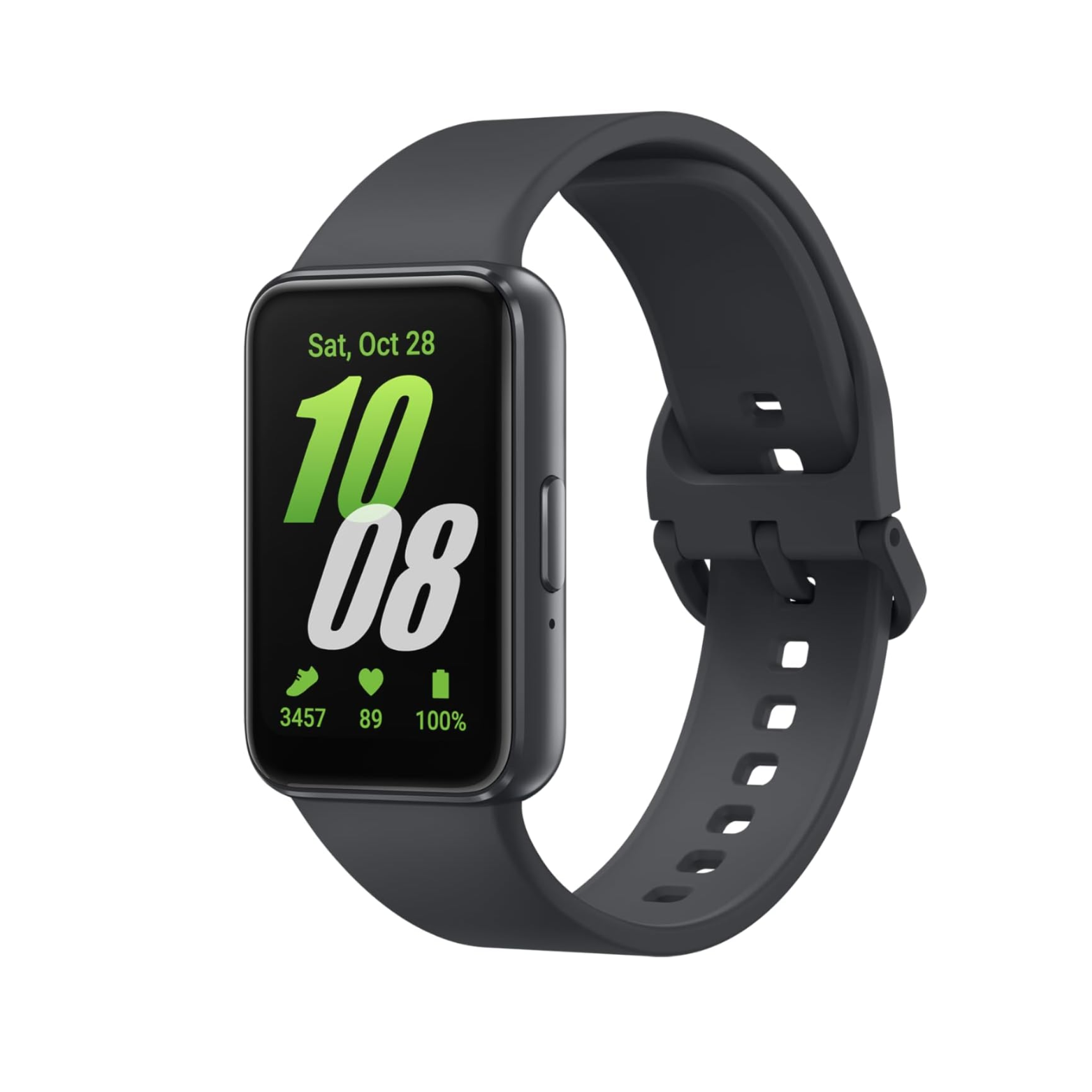 Black smartwatch with a digital display on a white background