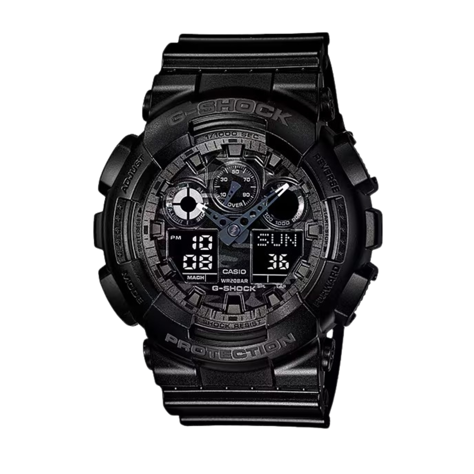 A black CASIO G-SHOCK GA-100CF-1ADR watch with a resin band and a digital display showing time, date, and various watch features.