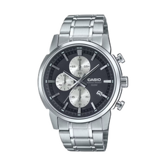 Casio watch with silver metal strap and black dial on a white background