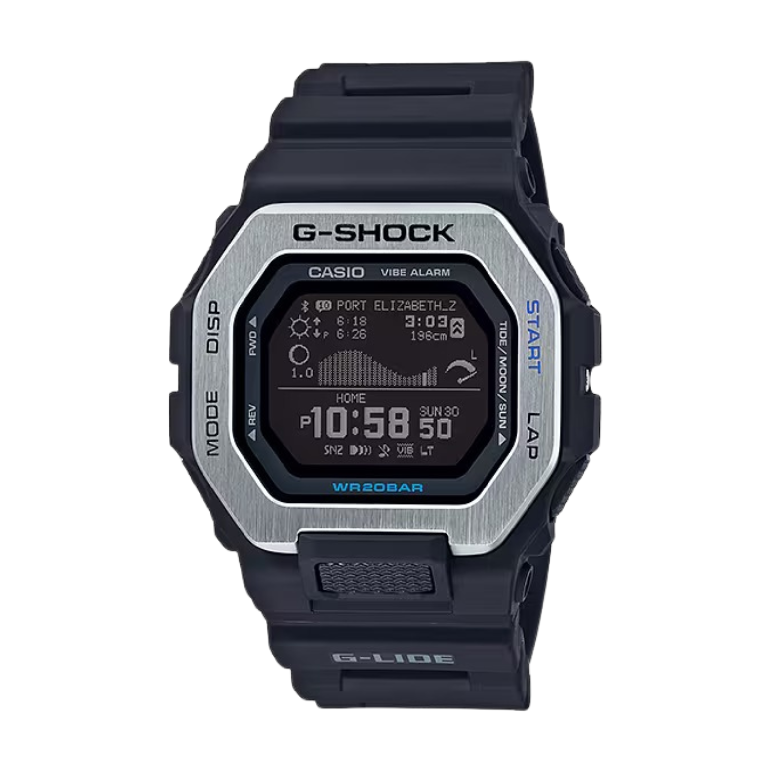 A black CASIO G-SHOCK watch with a digital display, showing time, date, and various smart features.