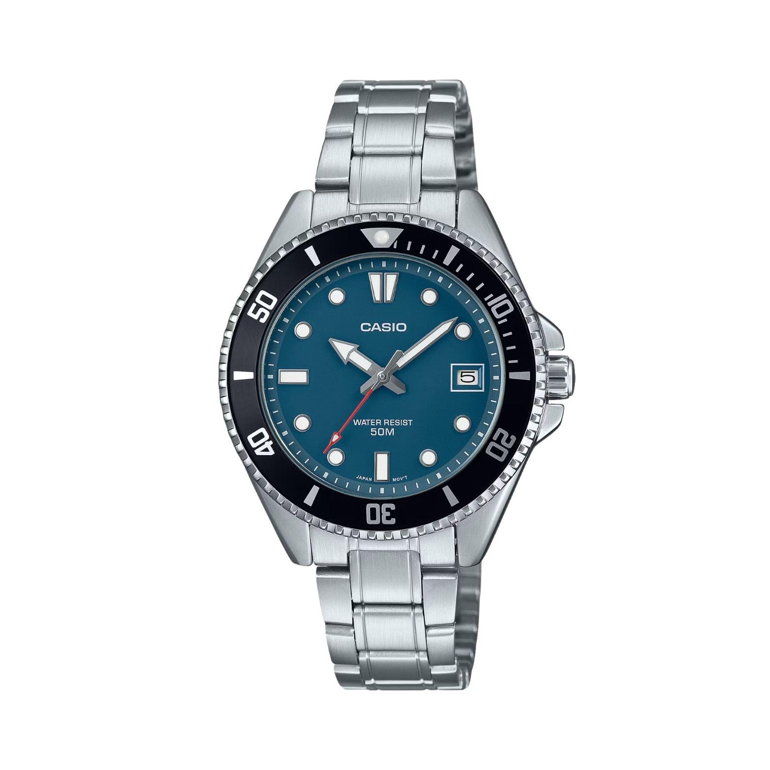 A Casio analog watch with a stainless steel band and a blue dial with silver hands and markers.