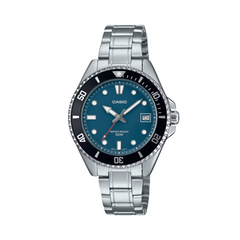 A Casio analog watch with a stainless steel band and a blue dial with silver hands and markers.