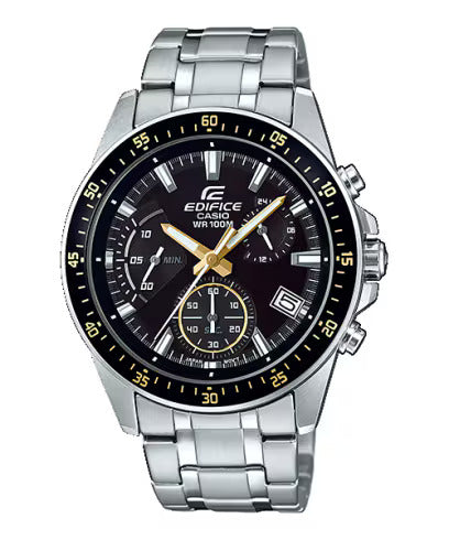 A Casio Edifice EFV-540D-1A9VUDF watch with a black dial, stainless steel band, and gold accents.