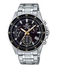 A Casio Edifice EFV-540D-1A9VUDF watch with a black dial, stainless steel band, and gold accents.