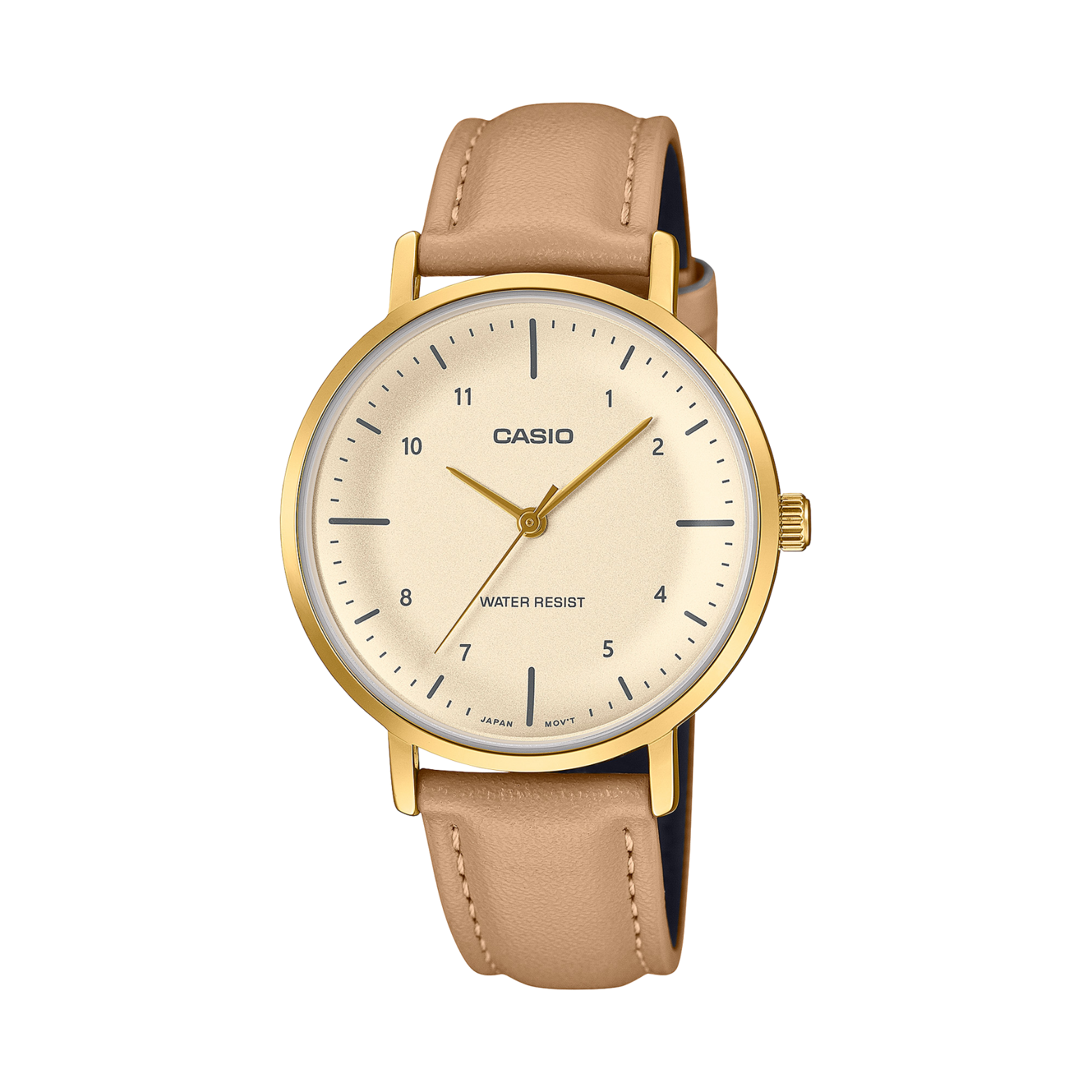 Casio watch with beige strap and gold casing on a white background