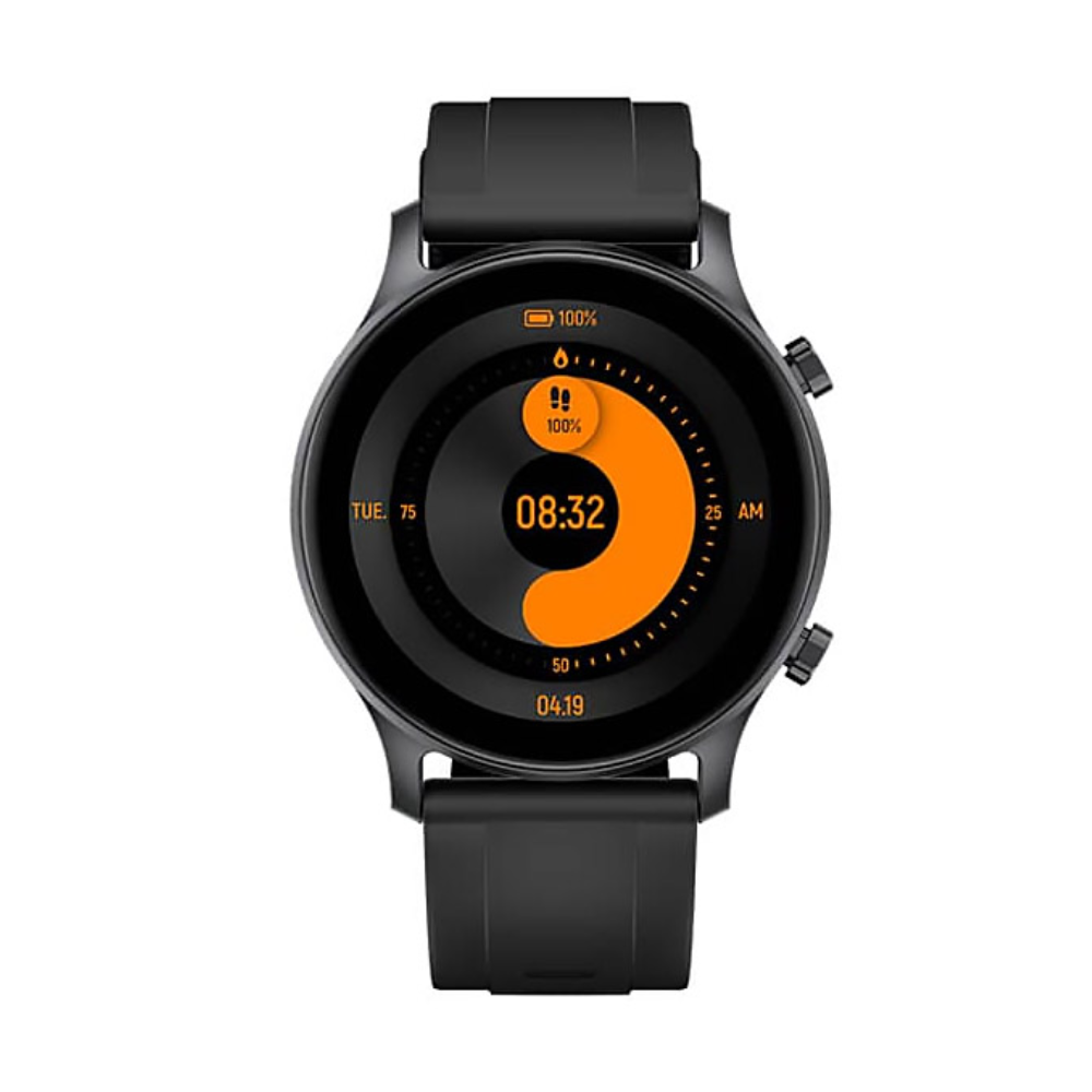 Black smartwatch with a black strap on a white background