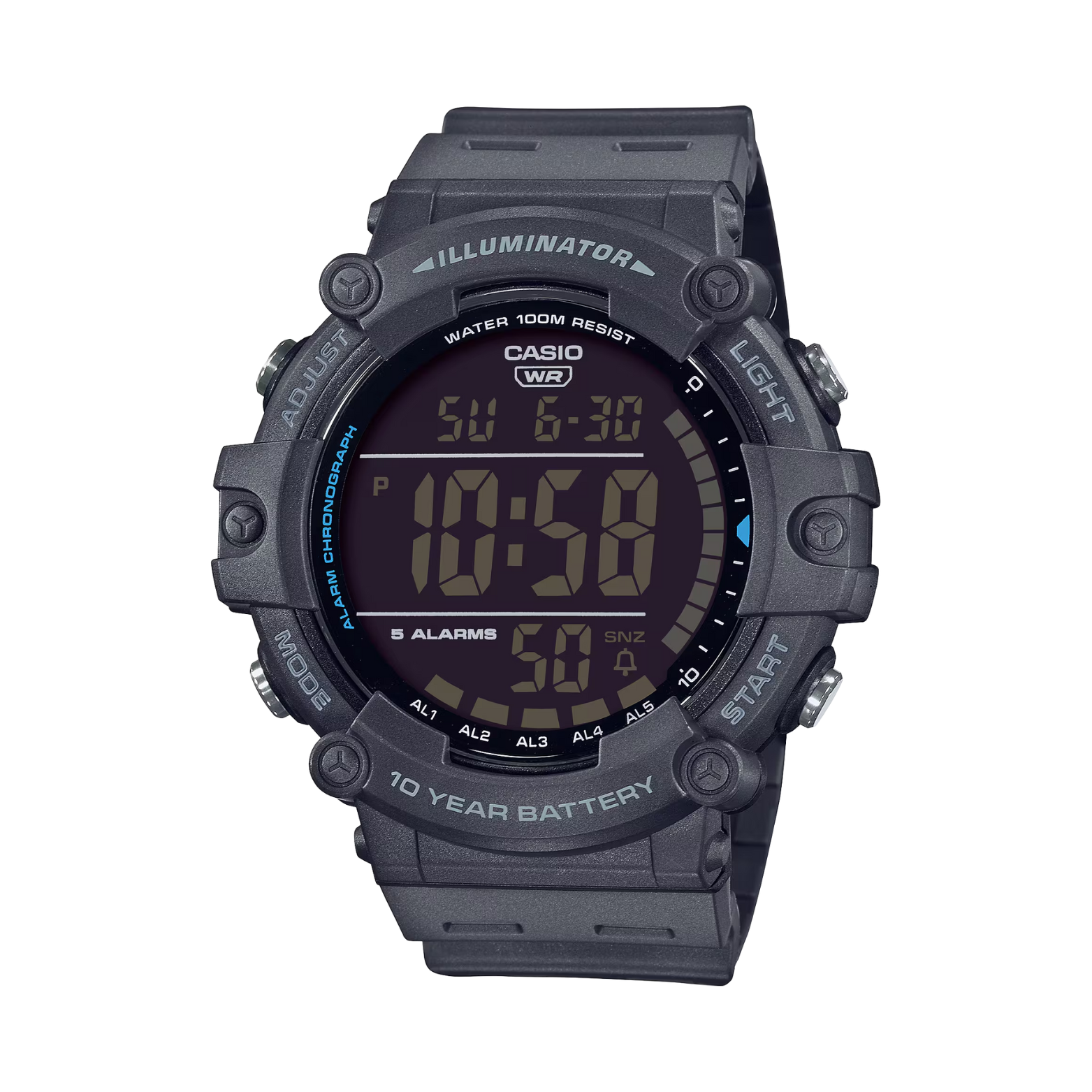 Black Casio digital watch on a white background