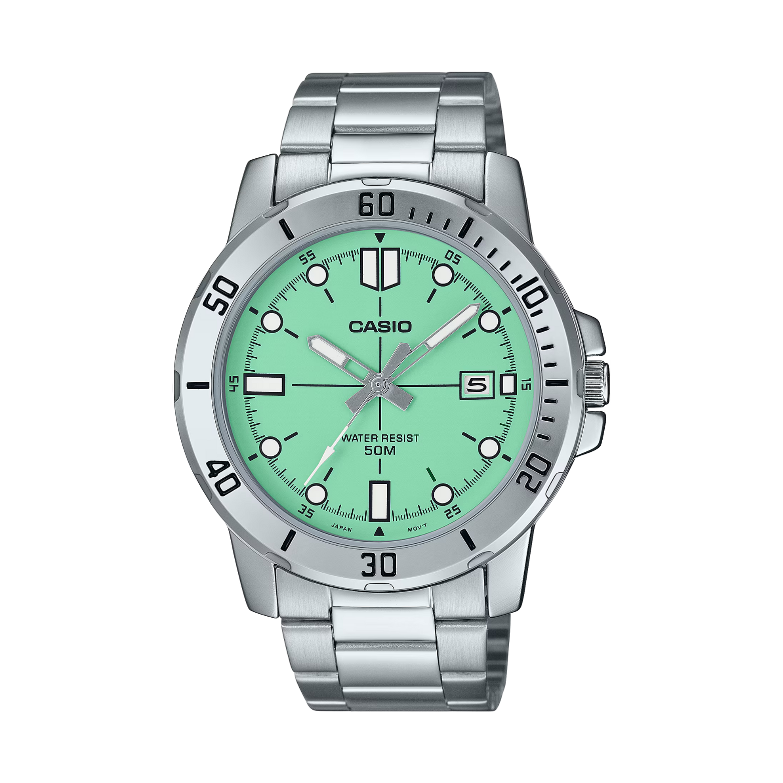 Casio watch with silver strap and green dial on a white background
