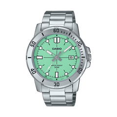 Casio watch with silver strap and green dial on a white background