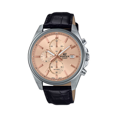 Casio Edifice watch with black leather strap and rose gold dial on white background