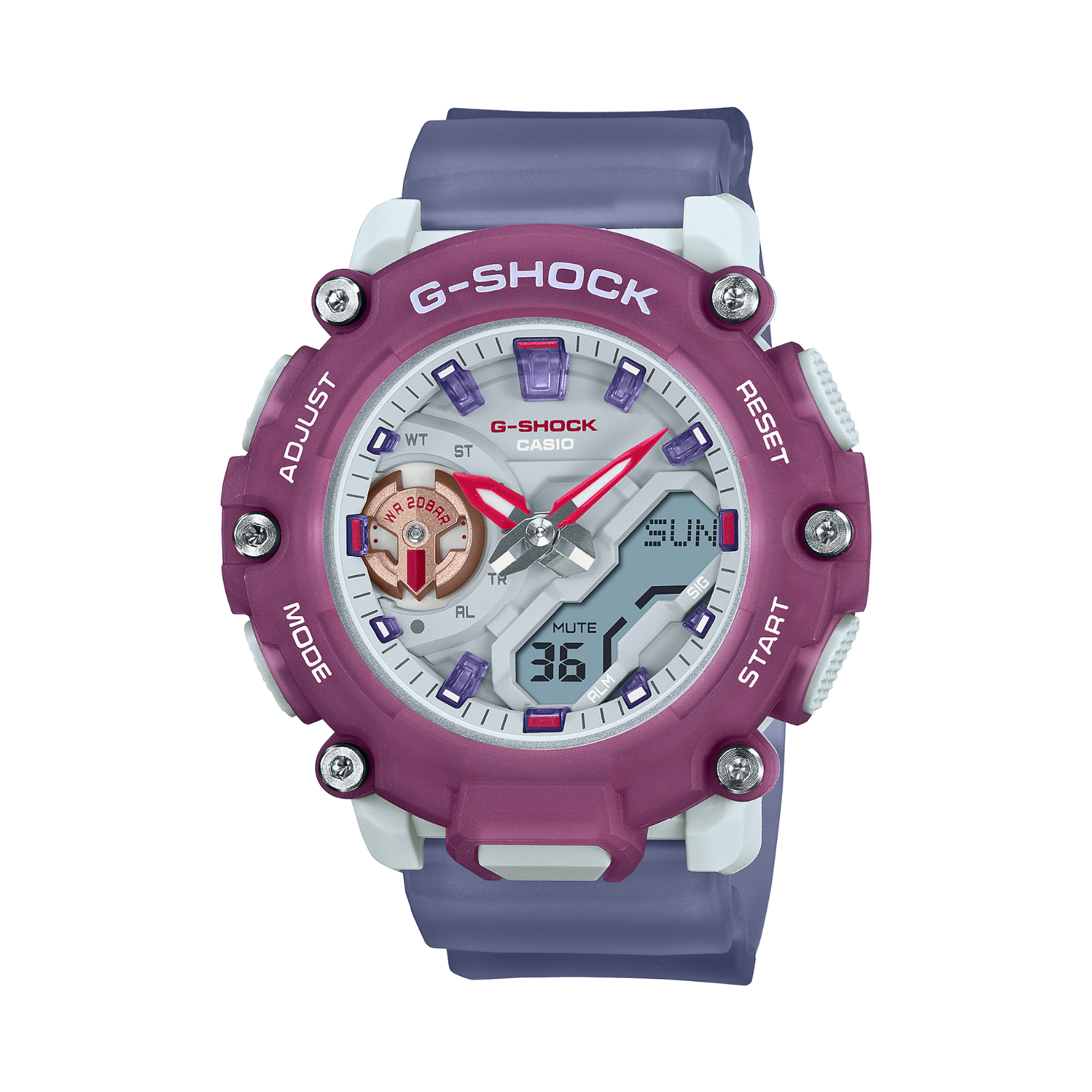 A Casio G-Shock watch with a purple band and white dial, featuring analog and digital display, along with multifunctional buttons and a resin case.