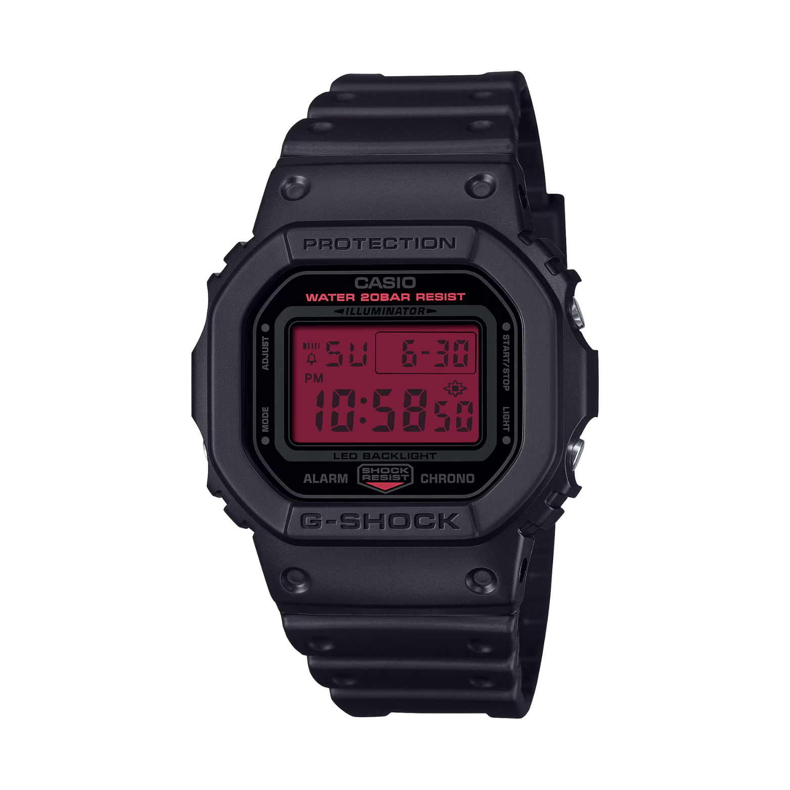 Black Casio G-Shock digital watch with red display on a white background