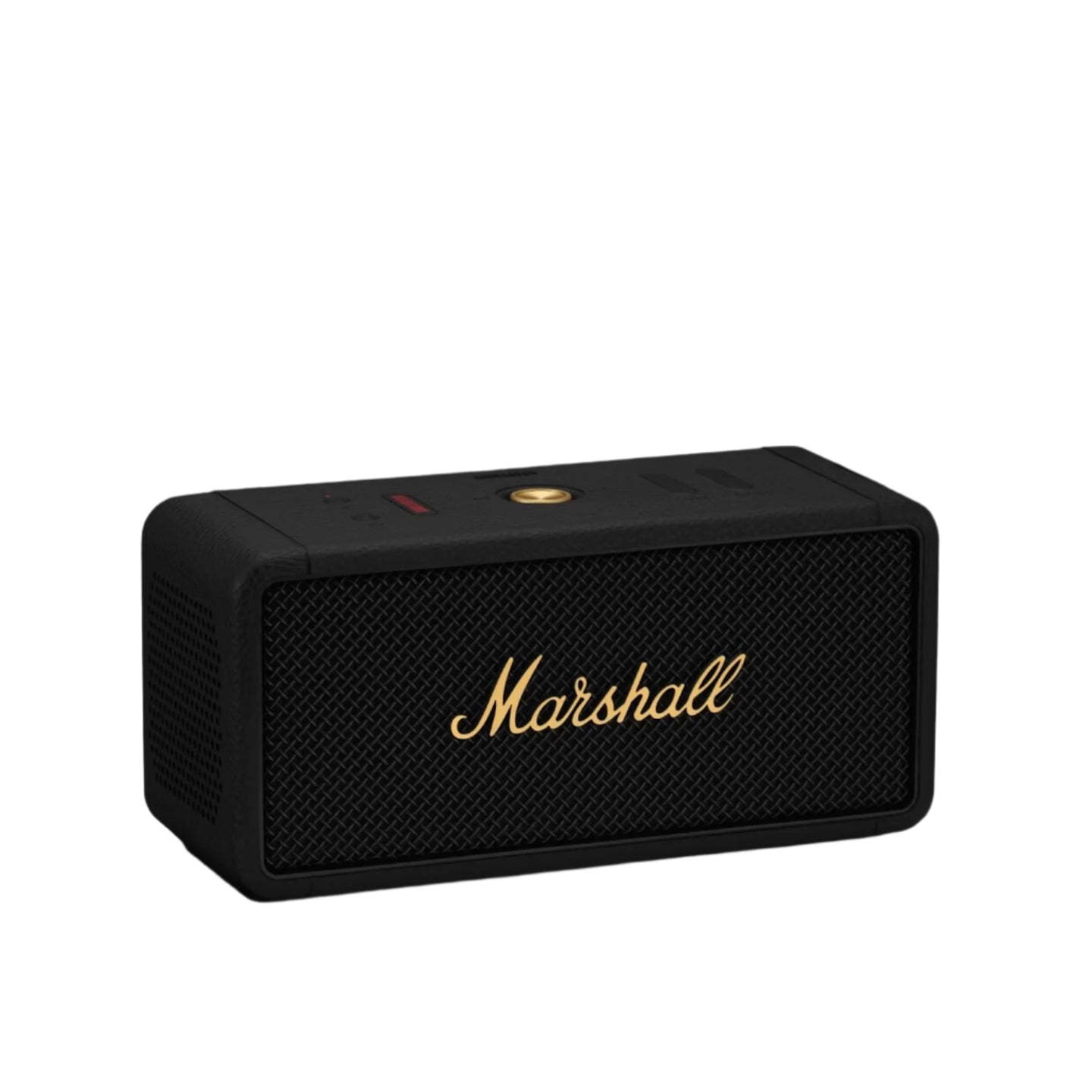 Black Marshall speaker with gold logo on a white background