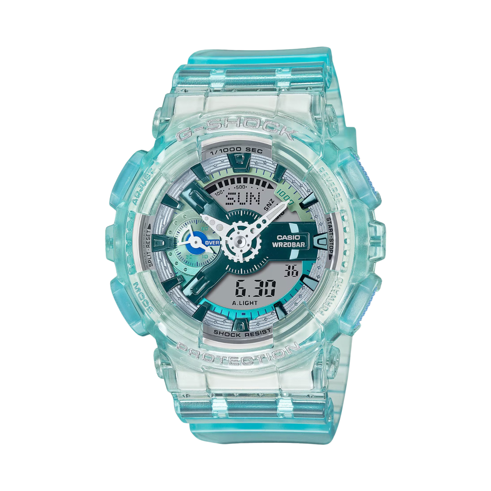 A Casio G-Shock analog-digital watch with a light blue resin band and case, digital display showing time and various watch features.