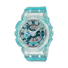 A Casio G-Shock analog-digital watch with a light blue resin band and case, digital display showing time and various watch features.