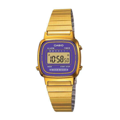 Gold Casio digital watch with a purple display on a white background