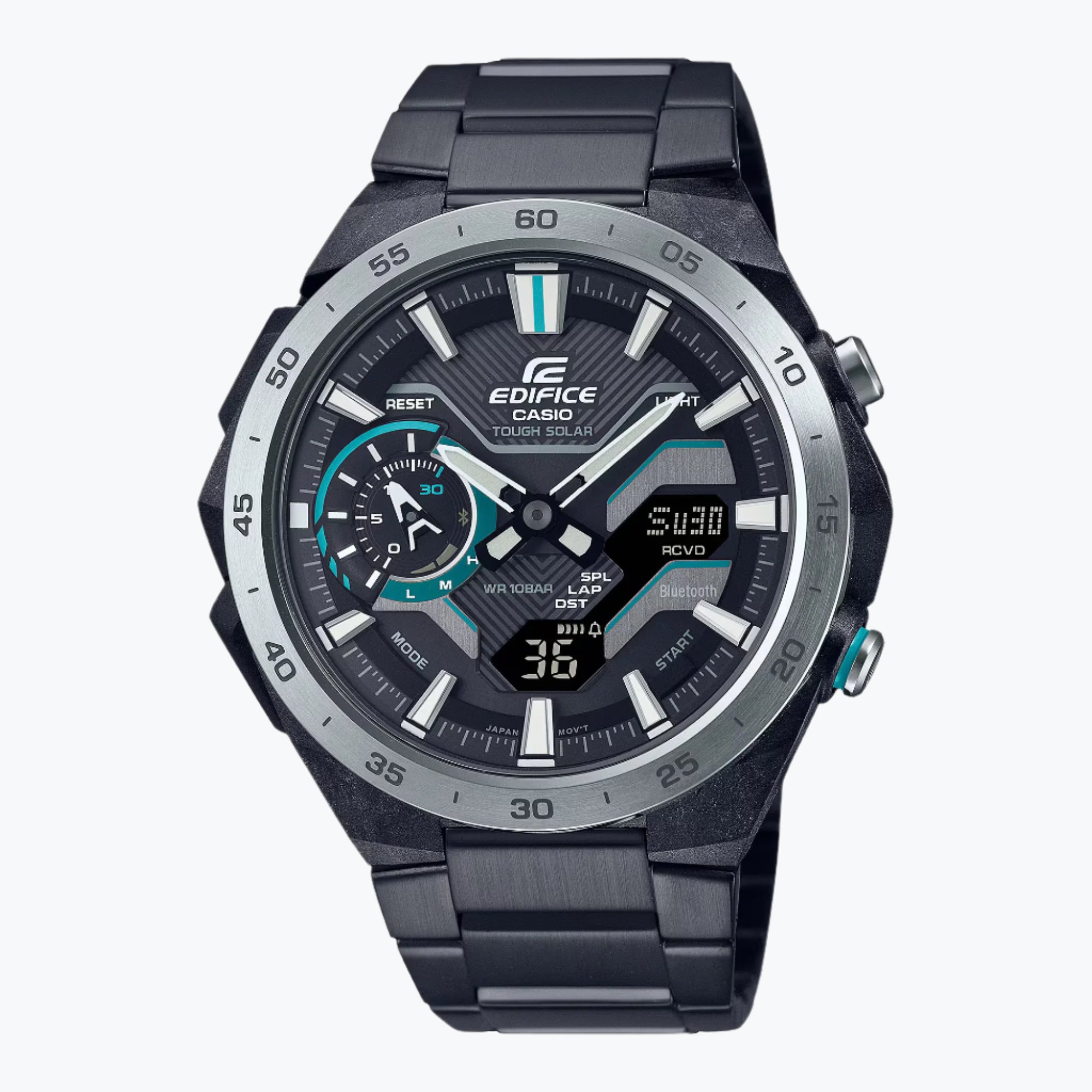 A Casio Edifice ECB-2200DD-1ADF watch with a black band and ion-plated black case, featuring a digital and analog display.