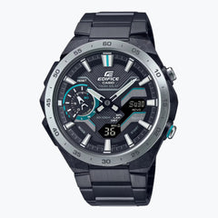 A Casio Edifice ECB-2200DD-1ADF watch with a black band and ion-plated black case, featuring a digital and analog display.
