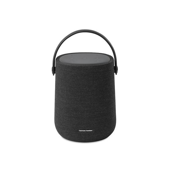 A black Harman Kardon Citation 200 speaker with a cylindrical shape and a handle on top.