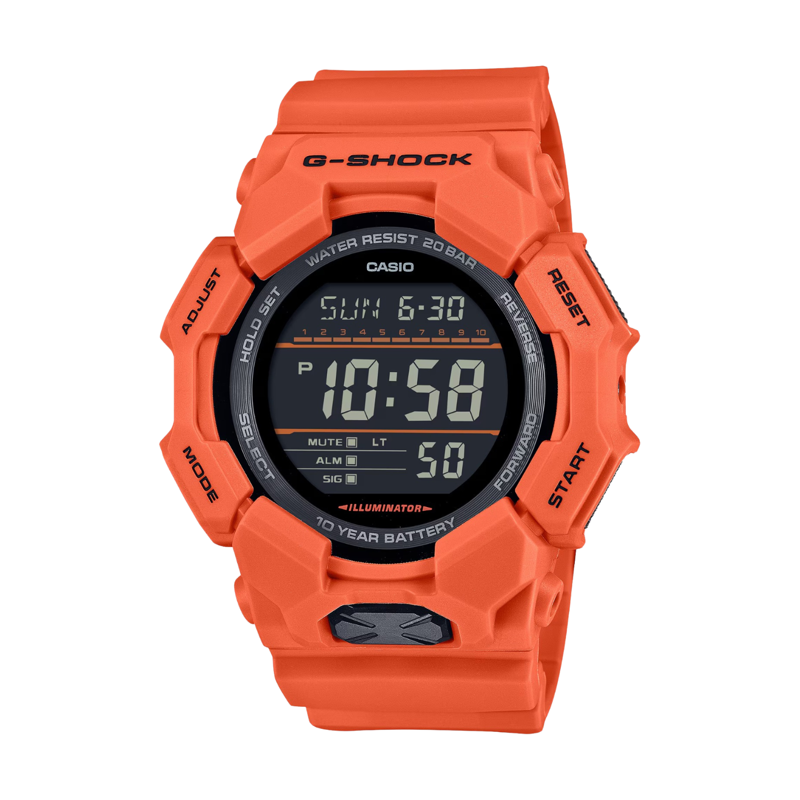 A Casio G-Shock digital watch in orange color with a resin band and a digital display showing time and various watch features.