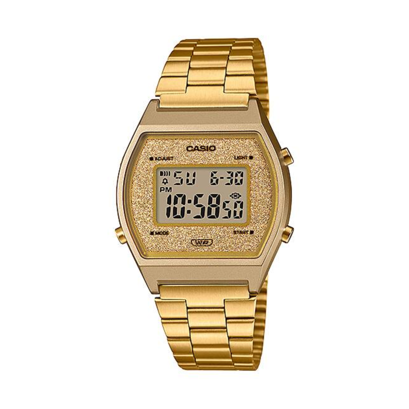 Gold Casio digital watch on a white background