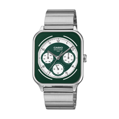 Casio watch with green face and silver band on a white background