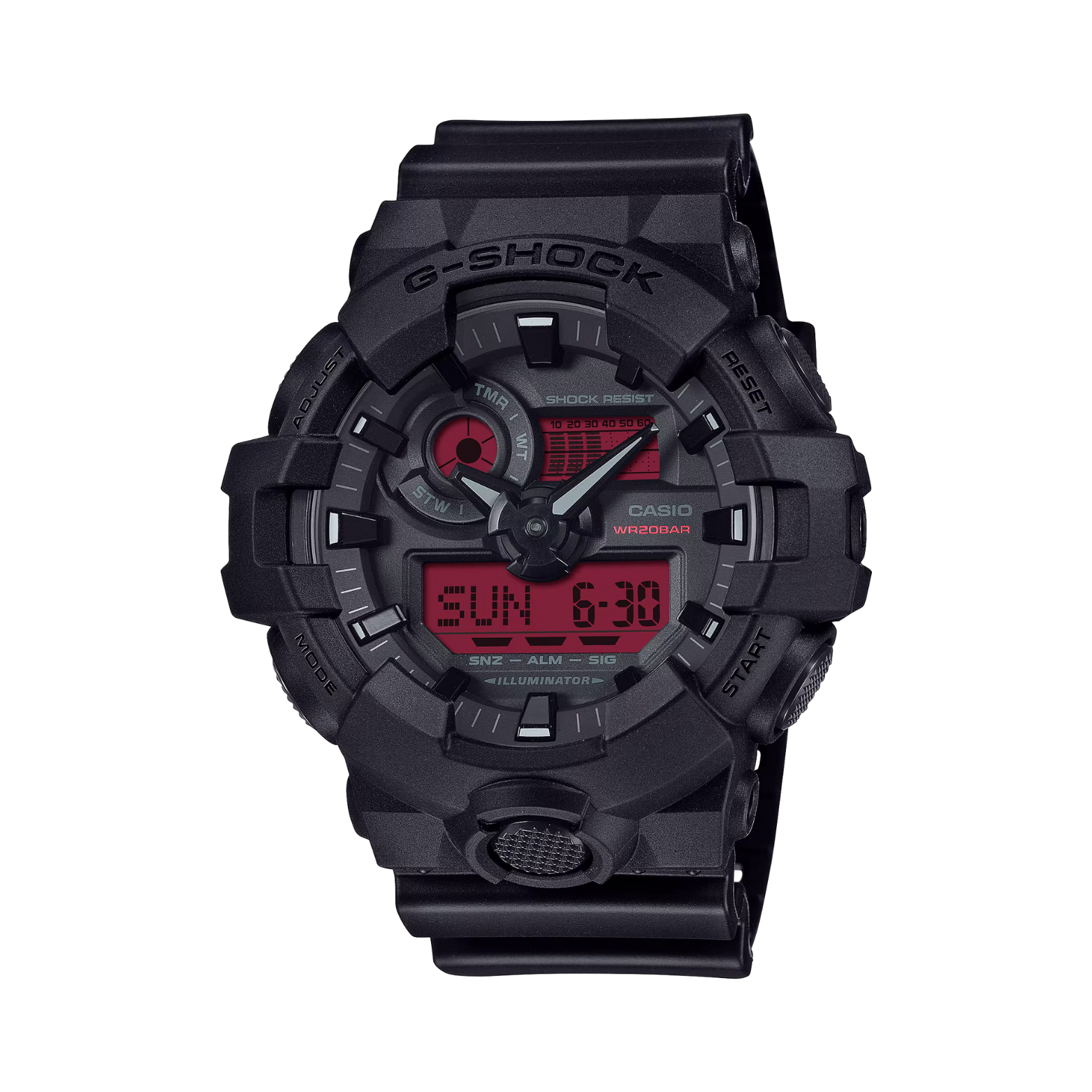 Black Casio G-Shock watch with digital display on a white background