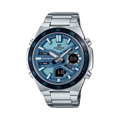 A Casio Edifice EFV-C110D-2B watch with a stainless steel band and case, featuring a blue analog dial with digital elements, including a stopwatch display and a world time function.