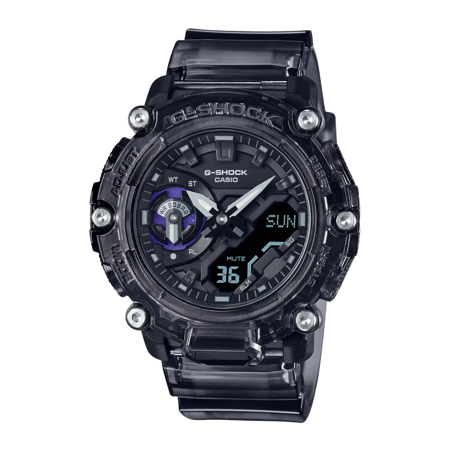 A black CASIO G-SHOCK GA-2200SKL-8A analog-digital watch with a resin band and a digital display showing the time.