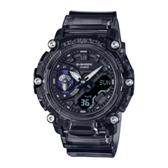 A black CASIO G-SHOCK GA-2200SKL-8A analog-digital watch with a resin band and a digital display showing the time.