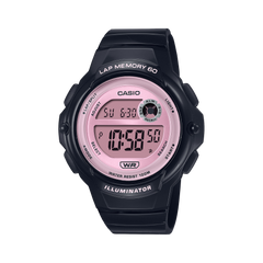 Digital watch with pink display and black casing on a white background