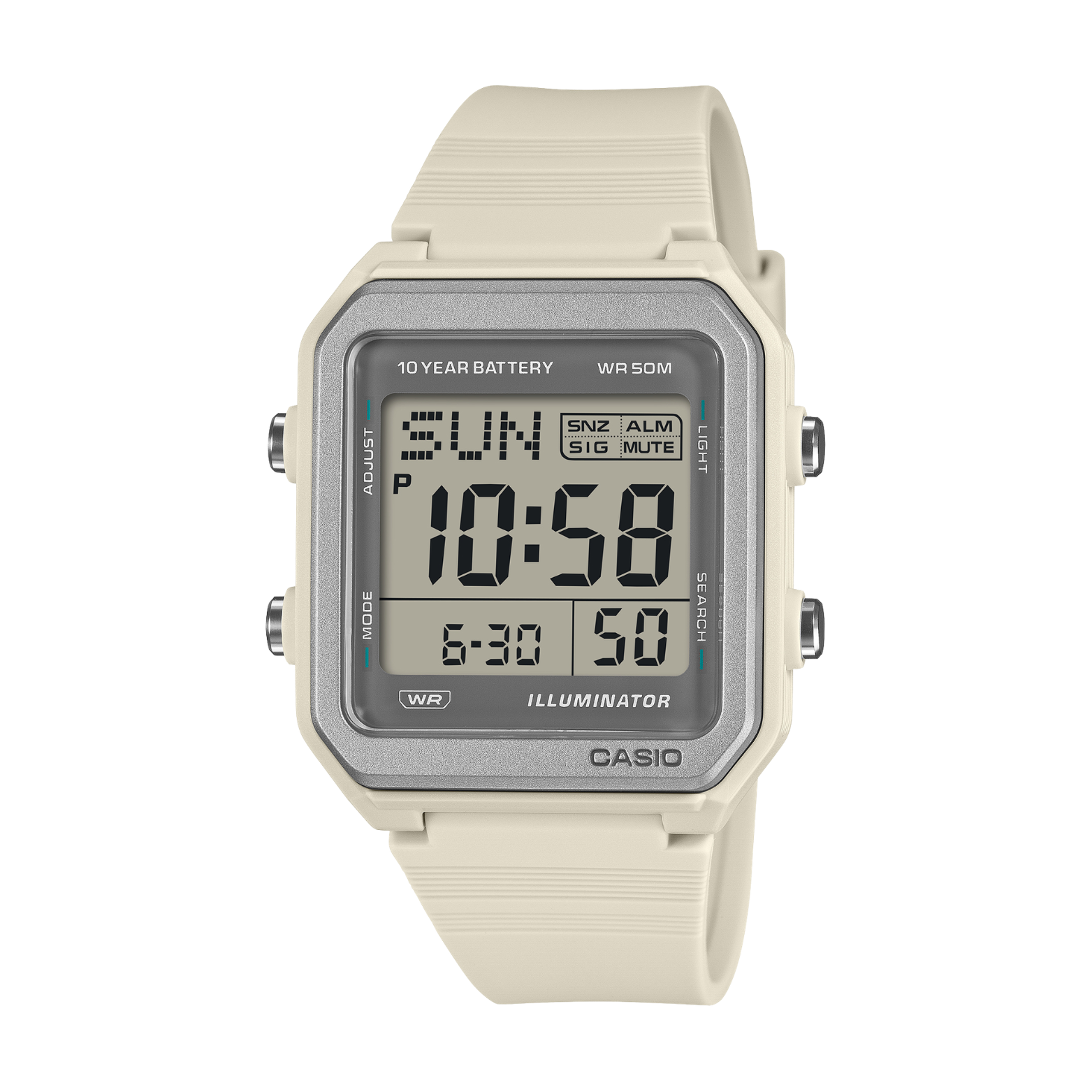 Digital watch with beige strap and gray casing on a white background